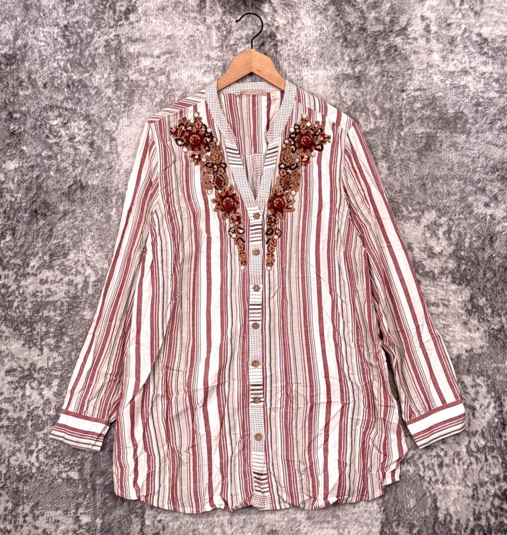 Soft Surroundings Tunic Top Shirt XL Womens Beaded Striped Button Down